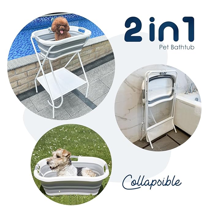 Beberoad 2 in 1 Dog Bath Tub Dog Washing Station for Bathing and Grooming, Elevated Collapsible Foldable Portable Shower Bathtub for Small Dogs Cats Pet, Indoor and Outdoor