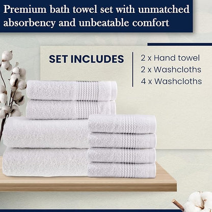 HALLEY Turkish Cotton Towels (Set of 8) 2 Bath Towels 2 Hand Towels 4 Washcloths, Super Soft Highly Absorbent 100% Cotton Towels for Bathroom and Kitchen for Mother’s Day (White)