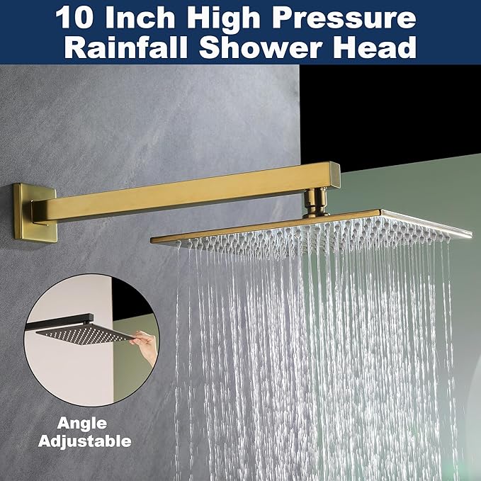 Gold Shower System with Tub Spout, All Metal Bathtub Shower Faucet Set with High Pressure 10 Inch Rain Shower Head and Handheld Shower Head Set, Brushed Gold (Valve Include)