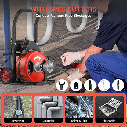 100Ft 3/4 Inch Cable Drain Cleaning Machine, 450W Auto Feed Portable Electric Sewer Snake, Electric Drain Auger with 4 Cutter Air-Activated Foot Switch for 2" to 4" Pipes