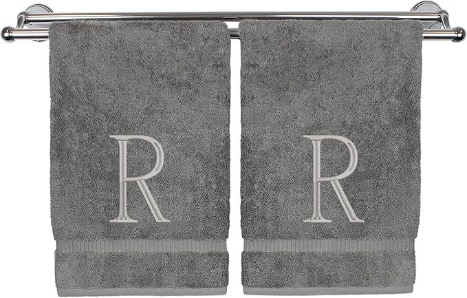 Monogrammed Hand Towel, Personalized Initial Gift, Extra Absorbent 100% Turkish Cotton - Soft Terry Finish - Set of 2 - Silver Block Initial R - Embroidered on Grey Towels