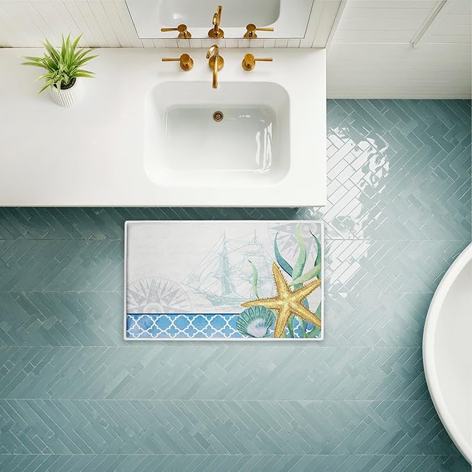 Stupell Industries Bayside Sea Life & Ship Plush Bathroom Mat & Bath Rug, Soft Quick-Dry Non-Slip Bathroom Rug with Recycled Foam Cushion, Coastal Nautical Marine Design by Kim Allen, 18"x30"