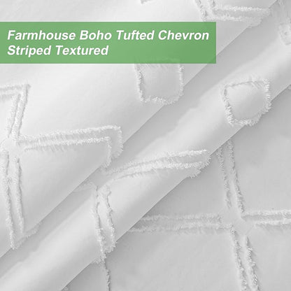 No Hooks Stall Shower Curtain with Snap in Liner- Water Repellent Tufted Chevron Striped Shower Curtains for Bath Tubs, Narrow Hotel Quality Bath Curtain Set, 36Wx74H, White