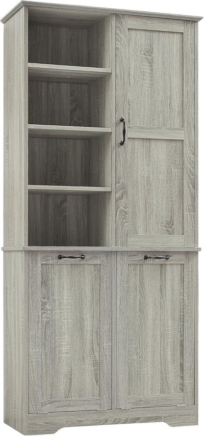 Favfurish 68" Tall Bathroom Storage Cabinet with Door and 2 Tilt-Out Laundry Hampers,Modern Linen Cabinets w/Open Shelf & Adjustable Shelves,Freestanding Organizer for Laundry Room,Kitchen,Oak