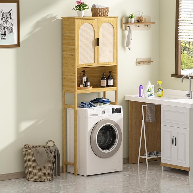 BlueWish Bathroom Organizers and Storage, Bamboo Over The Toilet Storage Cabinet with Inverted U-Shaped Door & Anti-Tip Device, Space Saver, Natural