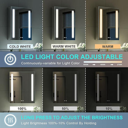 WELLFOR 24" X 30" LED Medicine Cabinet with Mirror, Single Left Opening Door, Recessed or Surface Cabinet Mirror, Bathroom Mirror Cabinet, Medicine Cabinet with Lights with Outlets & USB Ports
