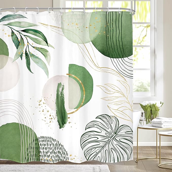 Green Boho Shower Curtain 60Wx72H Bohemian Mid Century Modern Abstract Palm Leaves Tropical Gold Olive Geometric Plant Bathroom Decor Minimalist Bath Curtain Fabric Polyester 12 Pack Hooks