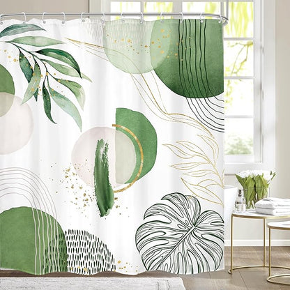 Green Boho Shower Curtain 60Wx72H Bohemian Mid Century Modern Abstract Palm Leaves Tropical Gold Olive Geometric Plant Bathroom Decor Minimalist Bath Curtain Fabric Polyester 12 Pack Hooks