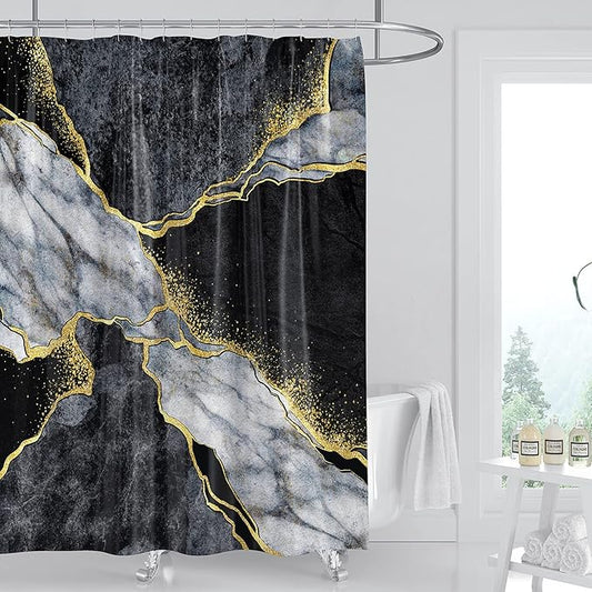 Domoku Black Gold Marble Shower Curtain, Modern Abstract Design, Waterproof Washable Fabric, 72 X 72