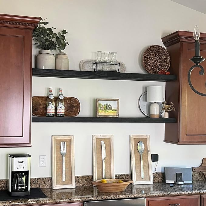 joelsantiques - 60 Inch Wooden Floating Shelves for Wall - 60x10x2 in - Made of Natural Wood - Long Heavy Duty Rustic Wall Shelves for Bedroom - Perfect for Living Room, Kitchen - Black