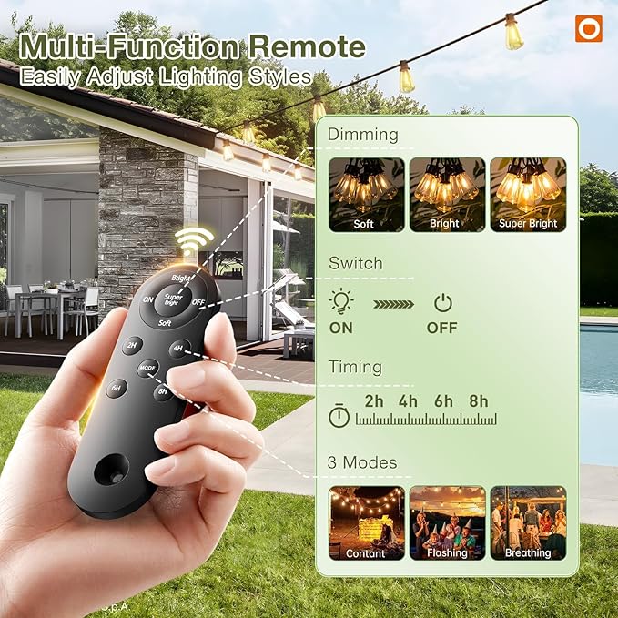 addlon 54(48+6) FT Solar String Lights Waterproof,Patio Lights Solar Powered with Remote& USB Port 24+2 LED Shatterproof Bulbs 3 Lighting Modes Outdoor Lights for Camping Backyard Garden