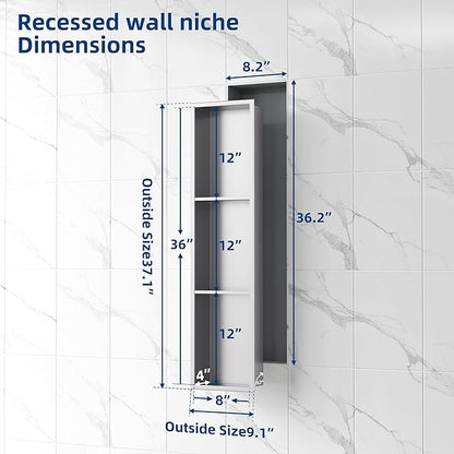 Neodrain 8X36 Inch Brushed Three Layers Stainless Steel Shower Niche, NO Tile Needed Recessed Wall Niche Shelf for Bathroom Storage, 3-Tier Built-in Cabinet niches in Wall