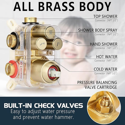 Shower Faucet Set Rainfall Shower System Push Button Diverter Shower Faucet with 4 in 1 Handheld, Ceiling Mount 12 Inch Shower Head and 6 Inch Wall Mount Shower Head