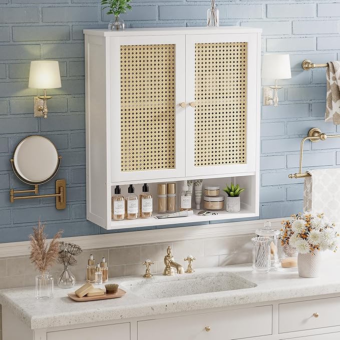 Bathroom Wall Cabinet, Bamboo Over-The-Toilet Storage Organizer with 2 Rattan Doors and Adjustable Shelf, Space Saver Medicine Cabinet for Laundry, Kitchen, Living Room (White)