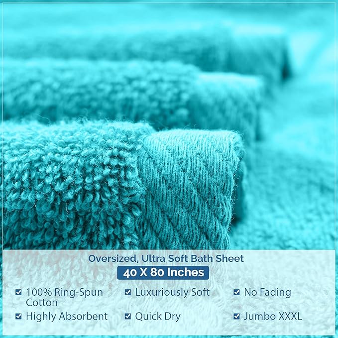 DAN RIVER Pack of 1 Bath Sheet 40x80 Inches, Jumbo Bath Sheets for Adults, Thick and Absorbent Large Towels - Aqua