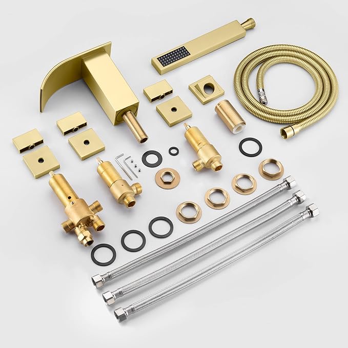 SUMERAIN Roman Tub Faucet Set 5 Holes Deck Mount Waterfall Bathtub Faucet with Handheld Shower Brushed Gold