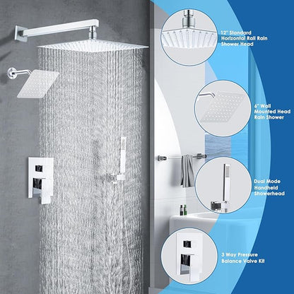 12" Shower Faucet Set Rain Shower System with 6" Wall Mounted Head Full Body Luxury Rain Shower System Rainfall Shower Head with Handheld Combo,3 Way Pressure Balance Valve Kit,Chrome
