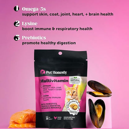 Cat Multivitamin Chews - Cat Treats for Health + Immune, Joint Support, Skin & Coat, and Digestion - Omega 3s, Lysine & Probiotics for Cats, Vitamins for Cats - Chicken (90-Day Supply)
