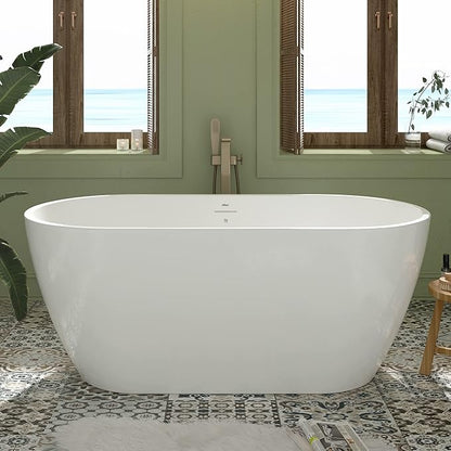 FerdY 59" Bali Elite Acrylic Freestanding Bathtub, Gracefully Shaped Freestanding Soaking Bathtub, cUPC Certified, Toe-Tap Brushed Nickel Drain and Minimalist Linear Design Overflow Included