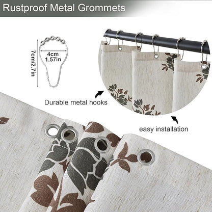 ORTIGIA Linen Green Shower Curtains for Bathroom Neutral Farmhouse Block Print Shower Curtain Set with Metal Hooks Waterproof Aesthetic Retro Fabric Bath Curtain for Home, Weighted, 72x72