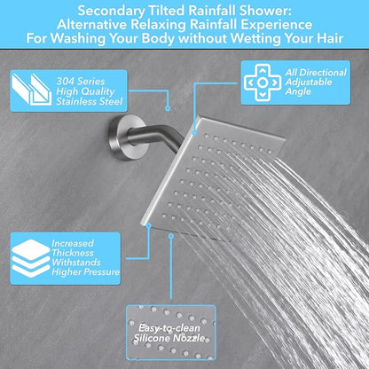 VANFOXLE Shower Faucet Set Brushed Nickel Shower System,Push Button Diverter Shower Faucet with 2 in 1 Handheld,Ceiling Mount Increased Thickness 10 Inch Shower Head with 6 Inch Wall Mount Shower Head