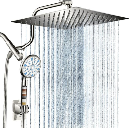Cobbe 12 Inch All Metal 3-Way Rain Shower Head, High Pressure Shower Head, Dual Shower Heads with Handheld Spray Combo - 9 Spray Filtered Shower Head, Brushed Nickel