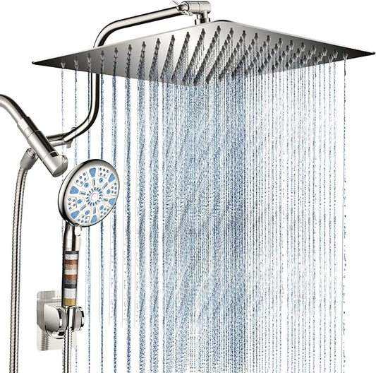 Cobbe 12 Inch All Metal 3-Way Rain Shower Head, High Pressure Shower Head, Dual Shower Heads with Handheld Spray Combo - 9 Spray Filtered Shower Head, Brushed Nickel
