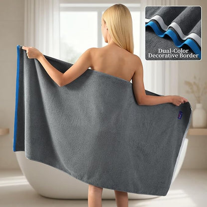 REDKISS 2 Pack 100% Cotton Bath Towels with Luxury Embellished Border Design, Oversized 27 x 54 Inches & 600 GSM Ultra Soft Bath Towel Set, Quicker to Dry Towels for Bathroom, Gym, Spa, Hotel, Gray