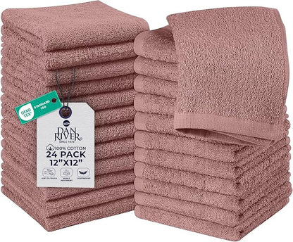 DAN RIVER 24 Pack Wash Cloths for Showering [12x12] - 100% Cotton Washcloths Premium Quality Flannel Face Cloths for Bathroom, Highly Absorbent and Soft Feel Wash Clothes, Dusty Pink