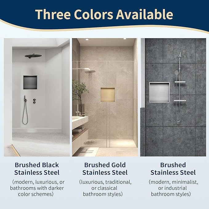 12x12 Shower Niche Insert Tile Ready, Brushed Nickel Recessed Wall Cabinet, Stainless Steel Wall Niche for Shower Wall, No Tile Needed Storage Organizer Waterproof