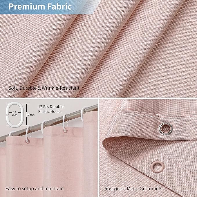 2-in-1 Waterproof Fabric Shower Curtain or Liner,Linen Textured,Breathable TPU & Washable Bathroom Shower Curtain Set with 12 Plastic Hooks,Modern,72"x72" Blush
