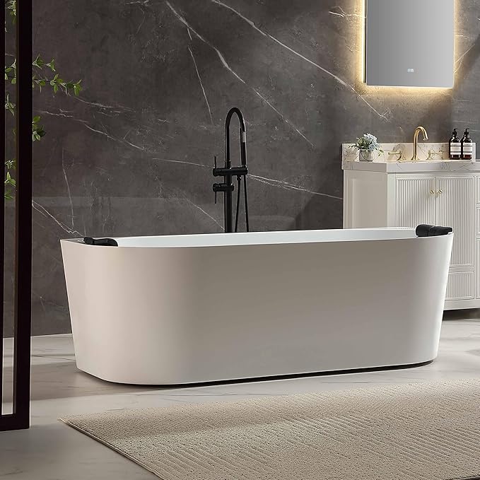 Empava Update Acrylic Whirlpool Bathtub, 71-Inch Freestanding Gracefully Oval Shaped Jetted Bathtub with Healing Chromotherapy, 18 Hydromassage Jets, Single-Ended Bathtubs, Black Nozzles