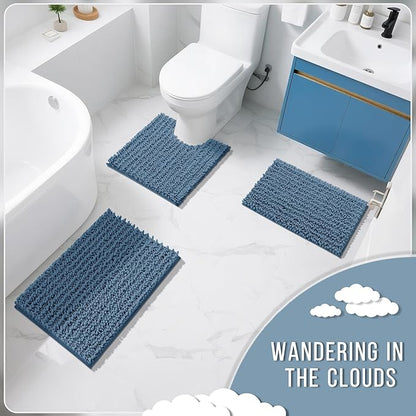 Yimobra Bathroom Rugs Sets 2 Piece - Quick Dry Extra Thick Luxury Chenille Bath Mat, Non Slip Super Absorbent for Tub Shower Sink, Machine Washable Shaggy Floor Mat, 24"x17+24"x20" Inch, Denim Blue