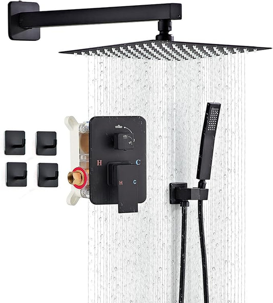 Shower Faucet Set, Matte Black Rainfall Shower System Complete Wall Mounted for Bathroom with 10 Inch Square Shower Head and Handheld Shower Head Rain Mixer Combo Set