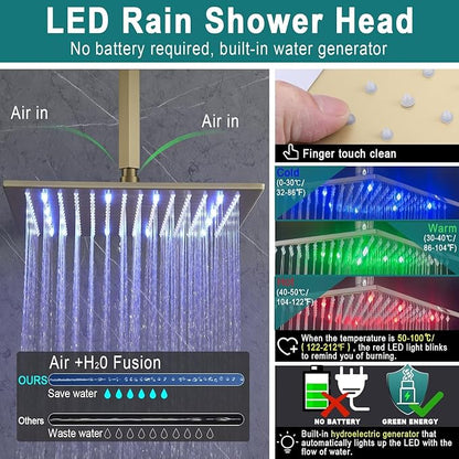 Enga Brushed Gold Shower Jets System, 16 Inch LED Rainfall Shower Faucet Set Body Spray with On-off Switch, Thermostatic Shower System Work At the Same Time