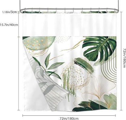 Sage Green Boho Shower Curtain 72Wx72H with Snap in Liner Mid Century Modern Abstract Gold Olive Tropical Palm Leaf Bathroom Decor Simple Geometric Bath Curtain Fabric Polyester 12 Pack Hooks