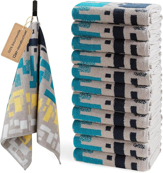 SEMAXE 12 Pack Hand Towels for Bathroom, 100% Cotton Towels with Hanging Loops, Soft & Highly Absorbent, Hand Towel Set for Gym, Shower, Hotel, Spa and Kitchen, Colorful - Checkered