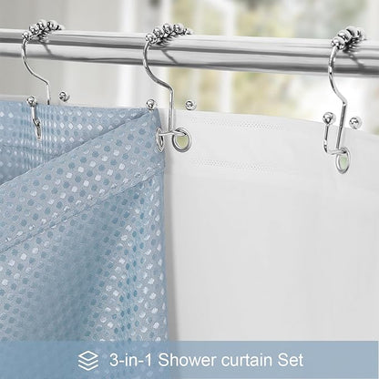 3 in 1 Long Blue Shower Curtain Set-72 W x 78 H, Fog Blue Waffle and PEVA Liner Set with 12 Stainless Steel Hooks, Waterproof Fabric for Bathroom