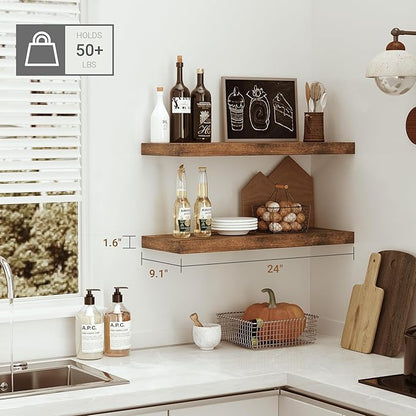 Vivelove Bathroom Floating Shelves for Wall, 24 inchs 9.1” Deep Wall Shelves for Bathroom Bedroom, Living Room, Kitchen, Office, Rustic Farmhouse Shelf Decor with Invisible Bracket, Set of 2
