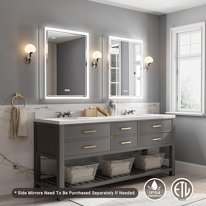 20x32 Lighted Medicine Cabinet with Beveled Mirror & Clock, Surface or Recessed Mirrored Medicine Cabinet with Dimmable Light Anti-fog, Built-in Sensing Light & Outlet, Soft-Close Right Hinge