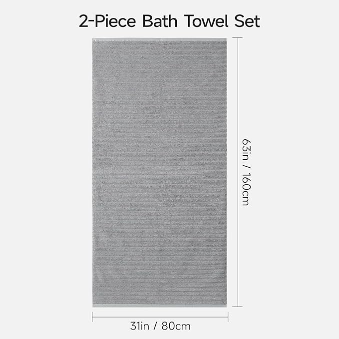 REDKISS 2Pack Large Bath Towels 31×63 inches, 100% Cotton, Super Soft and Absorbent, Quick-Dry Towels, Perfect for Bathroom,Plush Shower Towels-Gray