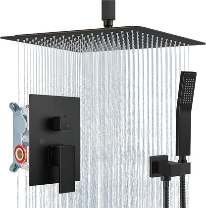 Aolemi Ceiling Mount Shower System Rain Shower Head with Handheld Spray High Pressure Shower Faucet Set Rough-in Valve Shower Trim Kit Included Bathroom Oil Rubbed Bronze 16 Inch Ceiling Shower Head