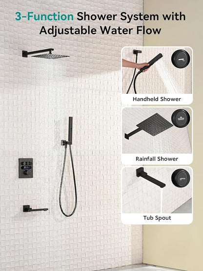 Lefton Shower System in Fahrenheit Display (Battery-free), 10” Overhead Shower Head with All-in-one Handheld Spray Showerhead and Bathtub Faucet, 4-in-1 Control System, SSWM2502 (Matte Black)