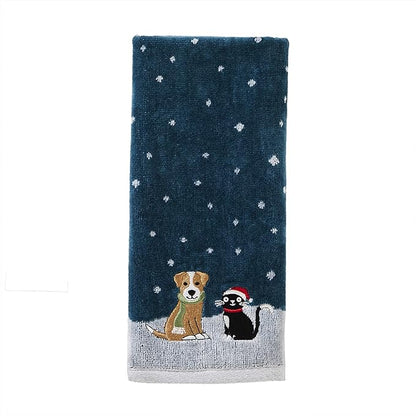 SKL Home Christmas/Winter Cat & Dog Hand Towel 2pc Set for Bath/Kitchen & Gift, Teal
