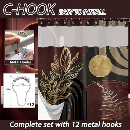 Dark Brown Boho See Through Mesh Top Shower Curtain with Window, Black and Brown Mid Century Modern Double Layer Shower Curtains with Snap in Liner, Waterproof Fabric with Hooks, 71x72 in