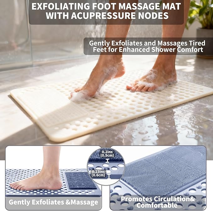 Bath Tub Shower Mat with Soft Shower Foot Scrubber Mat for Massage,Non Slip Bathtub Mat with Strong Suction Cups, Silicone Shower Foot Scrubber Mat (White, 35.4" X 23.6"(Rectangular))