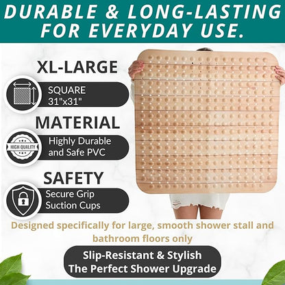 ENKOSI Extra Large Square Non Slip Shower Mat - 31 x 31-inch XL Bathroom Shower Mat - Square Shower Mats for Shower Stall Floors - Secure Suction Cups and Drain Holes (31x31 Wood Teak)
