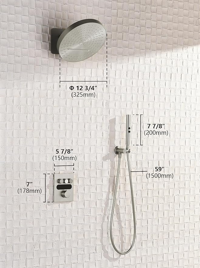 Lefton Shower System in Fahrenheit Display (Battery-free), 13” Overhead Round Rainfall Shower Head with All-in-one Handheld Spray Showerhead, 4-in-1 Control System, SSWM2501 (Brushed Nickel)