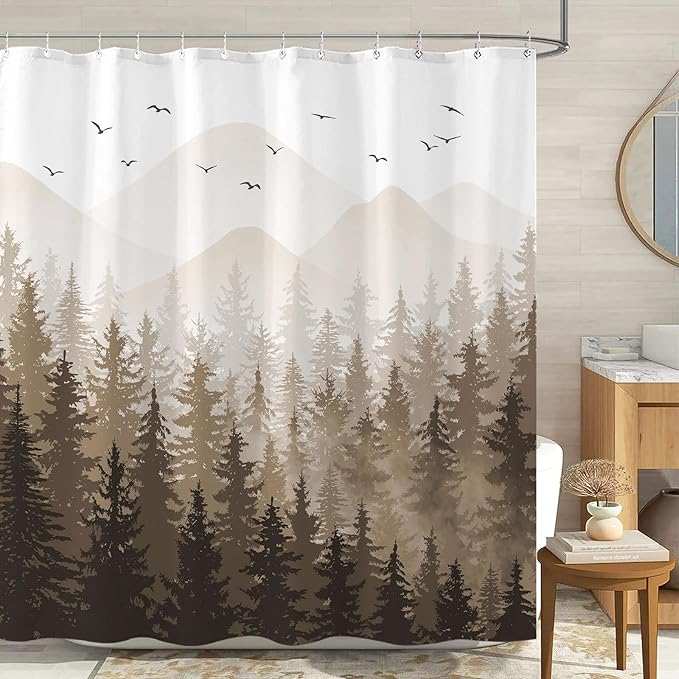 Aipon Brown Misty Forest Shower Curtain Ombre Nature Tree Plants Shower Curtains Fabric Waterproof Mountain Shower Curtain Sets for Bathroom Bath Decor with 12 Hooks (Brown, 72'' × 78'')