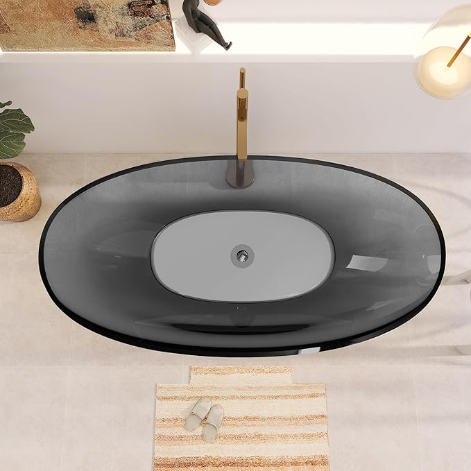 71" Premium Solid Surface Freestanding Bathtubs, Upgraded Transparent Dark Grey Oval Resin Soaking Tub with Pop-up Drain
